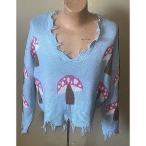 Just Polly Blue With Mushrooms Knit Sweater Cropped Raw Distressed Hem Size XL